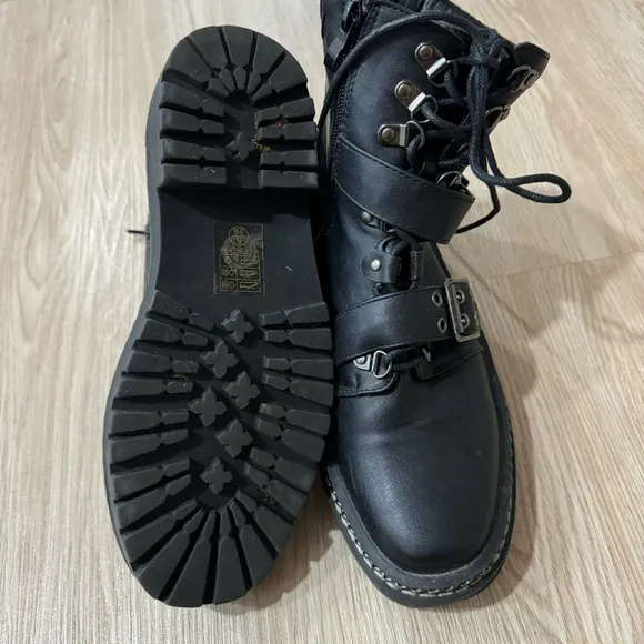 Biker boots military combat buckle chain faux leather