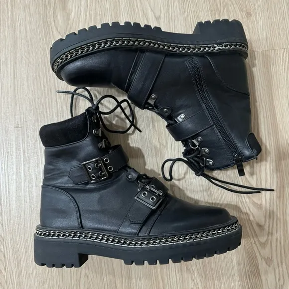Biker boots military combat buckle chain faux leather
