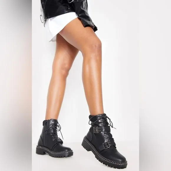 Biker boots military combat buckle chain faux leather