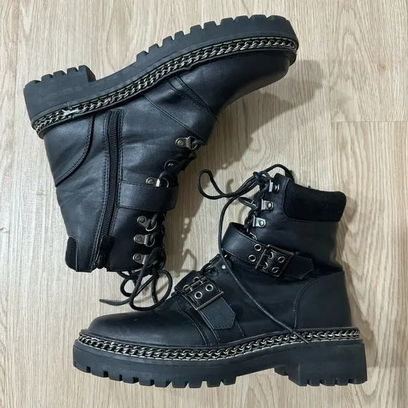 Biker boots military combat buckle chain faux leather