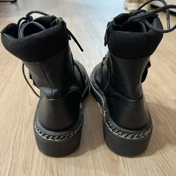 Biker boots military combat buckle chain faux leather