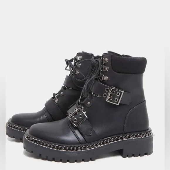 Biker boots military combat buckle chain faux leather