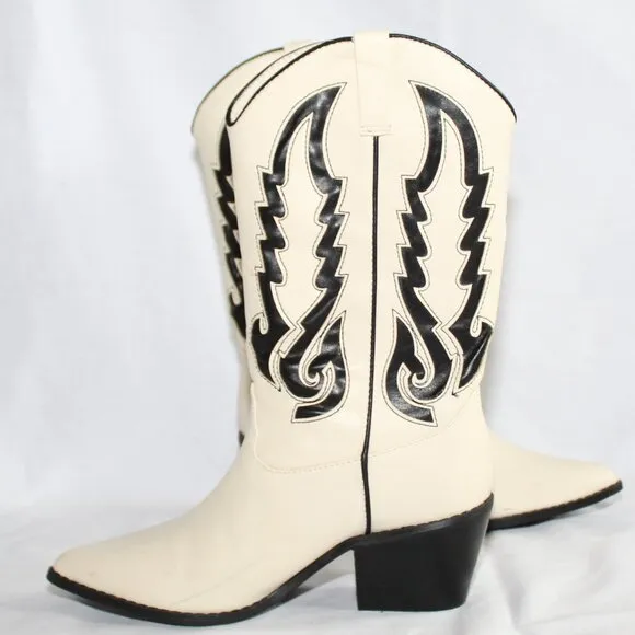 Billini Norva Ivory Black Faux Leather Mid-Calf Cowgirl Western Boots Women's 6