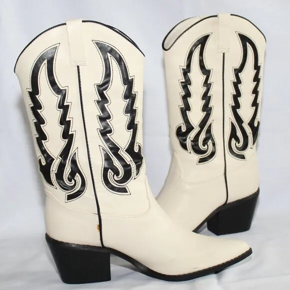 Billini Norva Ivory Black Faux Leather Mid-Calf Cowgirl Western Boots Women's 6