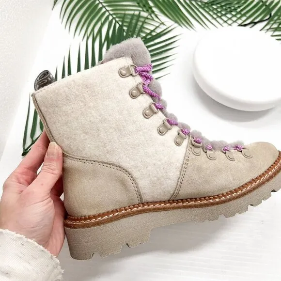 Bionica Darlene Shearling Suede Leather Ankle Boots Cream/Pink Size 6.5M NWOB
