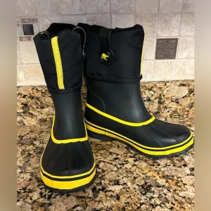 Black &amp; Yellow Sorel Rain Boots With Warming Inserts Size‎ 4 - NEW