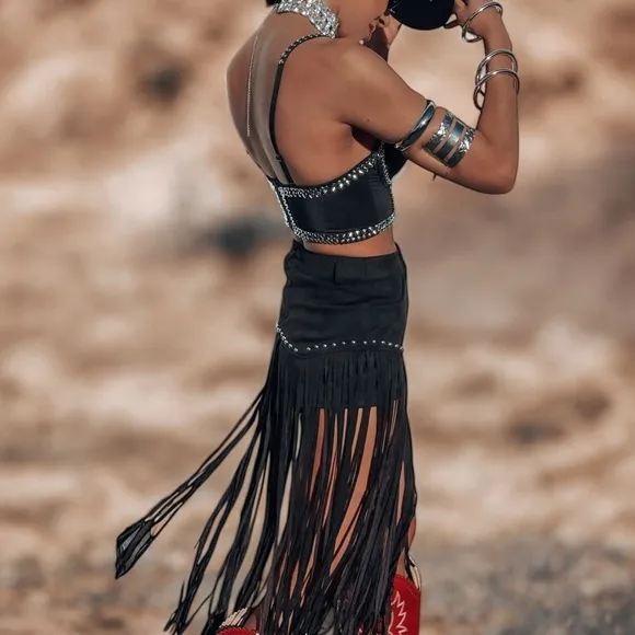 Black Faux Suede Western Fringe Shorts, Festival Shorts, Cowboy Carter Costume