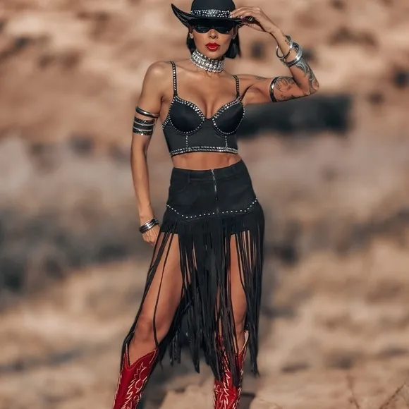 Black Faux Suede Western Fringe Shorts, Festival Shorts, Cowboy Carter Costume