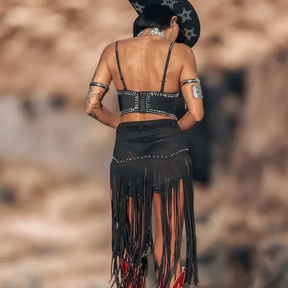 Black Faux Suede Western Fringe Shorts, Festival Shorts, Cowboy Carter Costume