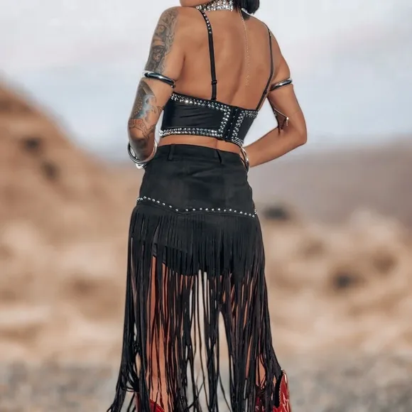 Black Faux Suede Western Fringe Shorts, Festival Shorts, Cowboy Carter Costume