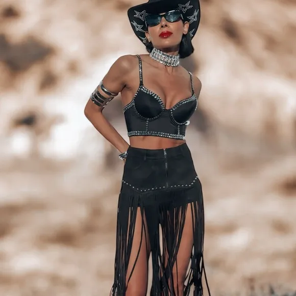 Black Faux Suede Western Fringe Shorts, Festival Shorts, Cowboy Carter Costume