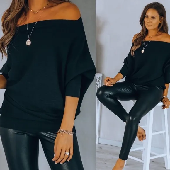 Black off shoulder women knit loose tops