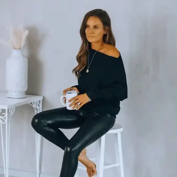Black off shoulder women knit loose tops