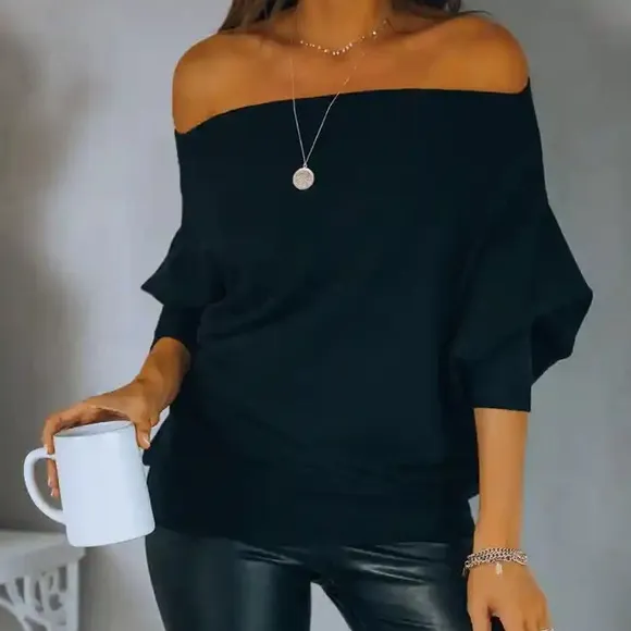Black off shoulder women knit loose tops