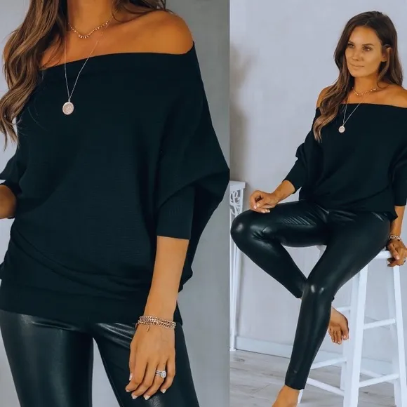 Black off shoulder women knit loose tops