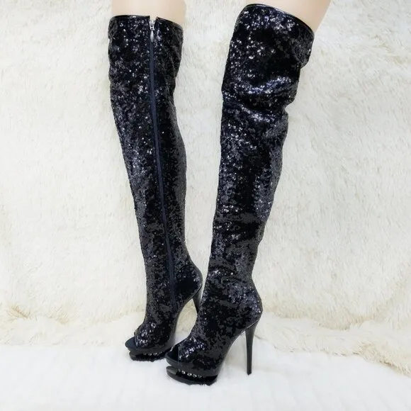 Black Sequin Open Toe Thigh High Heel Boots