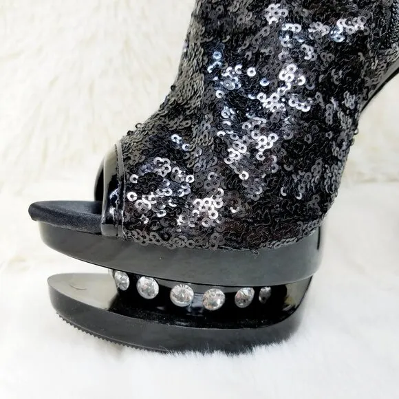 Black Sequin Open Toe Thigh High Heel Boots