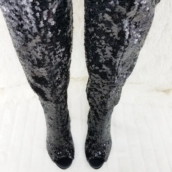 Black Sequin Open Toe Thigh High Heel Boots