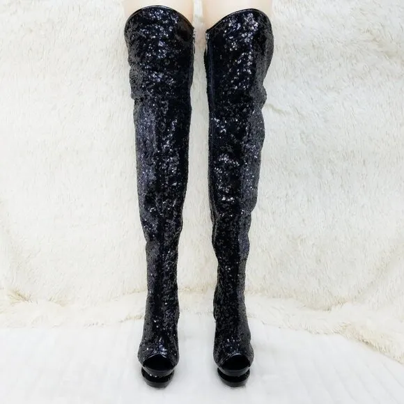 Black Sequin Open Toe Thigh High Heel Boots