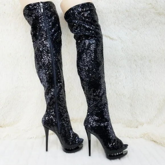 Black Sequin Open Toe Thigh High Heel Boots