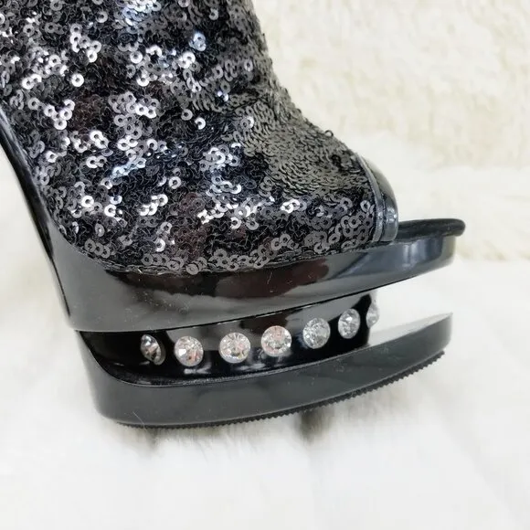 Black Sequin Open Toe Thigh High Heel Boots