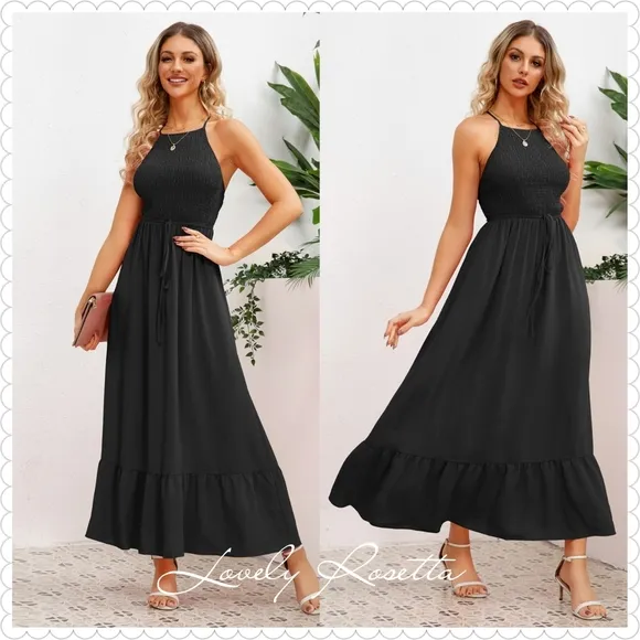 Black Smocked Crisscross Spaghetti Strap Dress
