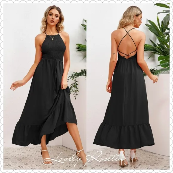 Black Smocked Crisscross Spaghetti Strap Dress