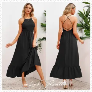 Black Smocked Crisscross Spaghetti Strap Dress