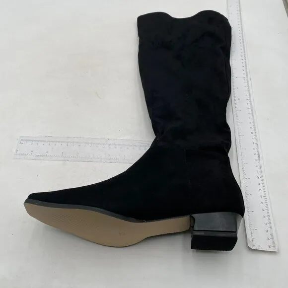 Black Square Toe Knee High Boot Wide Calf Low Chunky Heel Long Boot Stylish Shoe