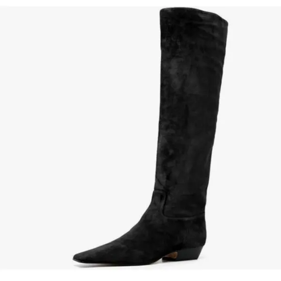 Black Square Toe Knee High Boot Wide Calf Low Chunky Heel Long Boot Stylish Shoe