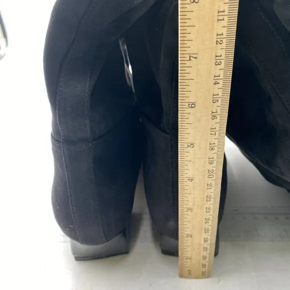 Black Square Toe Knee High Boot Wide Calf Low Chunky Heel Long Boot Stylish Shoe