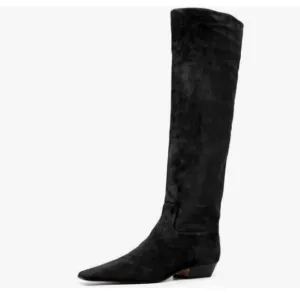 Black Square Toe Knee High Boot Wide Calf Low Chunky Heel Long Boot Stylish Shoe