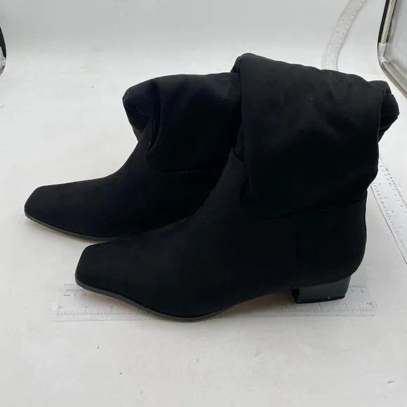 Black Square Toe Knee High Boot Wide Calf Low Chunky Heel Long Boot Stylish Shoe