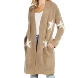 BLANK NYC Count Your Stars Longline Cardigan Tan and White Medium