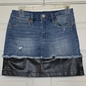 Blank NYC Denim And Black Faux Leather Distressed Mini Skirt Grunge