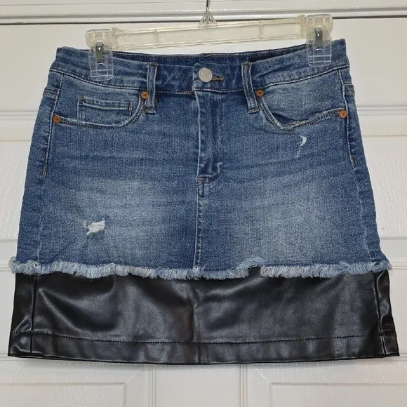 Blank NYC Denim And Black Faux Leather Distressed Mini Skirt Grunge