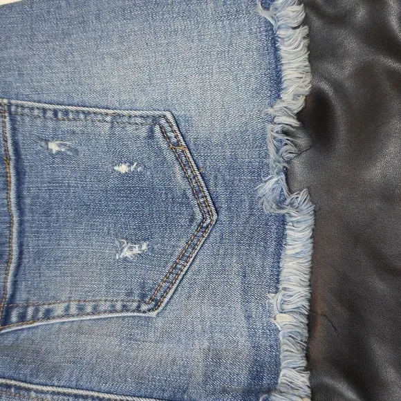 Blank NYC Denim And Black Faux Leather Distressed Mini Skirt Grunge