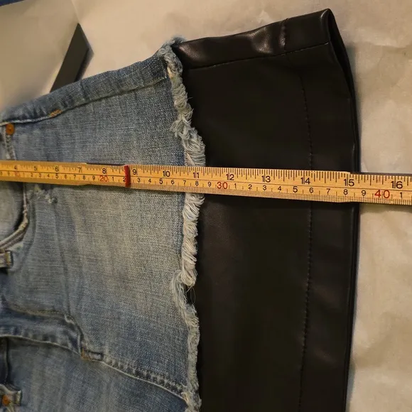 Blank NYC Denim And Black Faux Leather Distressed Mini Skirt Grunge