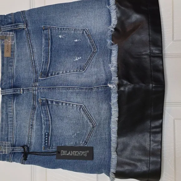 Blank NYC Denim And Black Faux Leather Distressed Mini Skirt Grunge