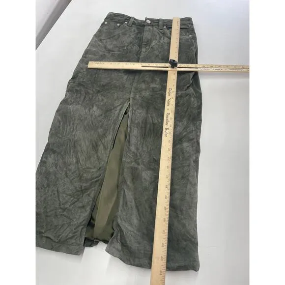 Blank NYC Skirt Womens 26 Green Leather Midi Hunter Front Slit Retro Weathered