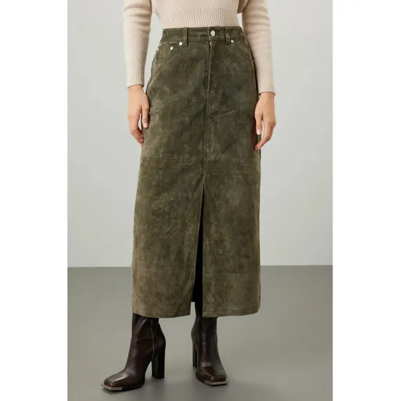 Blank NYC Skirt Womens 26 Green Leather Midi Hunter Front Slit Retro Weathered
