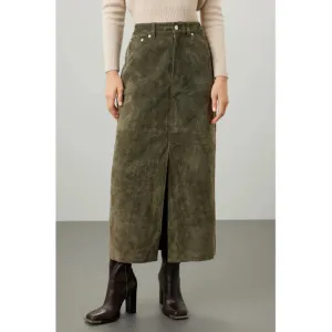 Blank NYC Skirt Womens 26 Green Leather Midi Hunter Front Slit Retro Weathered