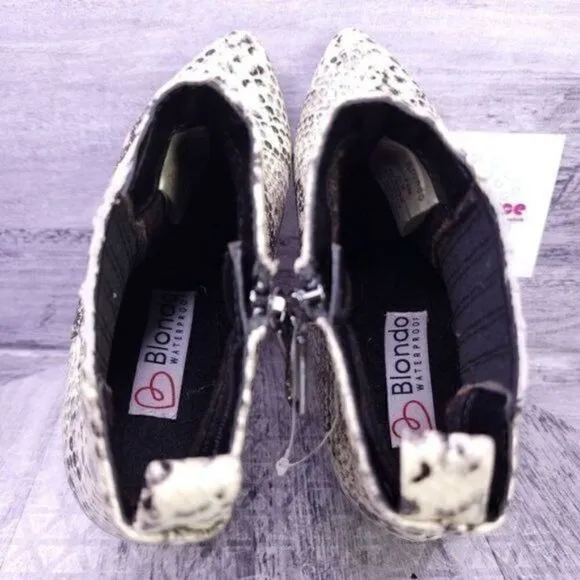 Blondo Elvina Waterproof Snake Print Leather Ankle Boot Cream Black Women's 6.5