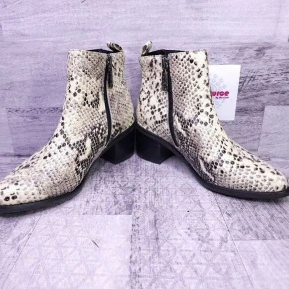 Blondo Elvina Waterproof Snake Print Leather Ankle Boot Cream Black Women's 6.5