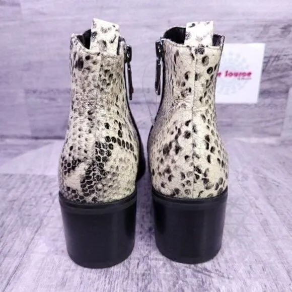 Blondo Elvina Waterproof Snake Print Leather Ankle Boot Cream Black Women's 6.5