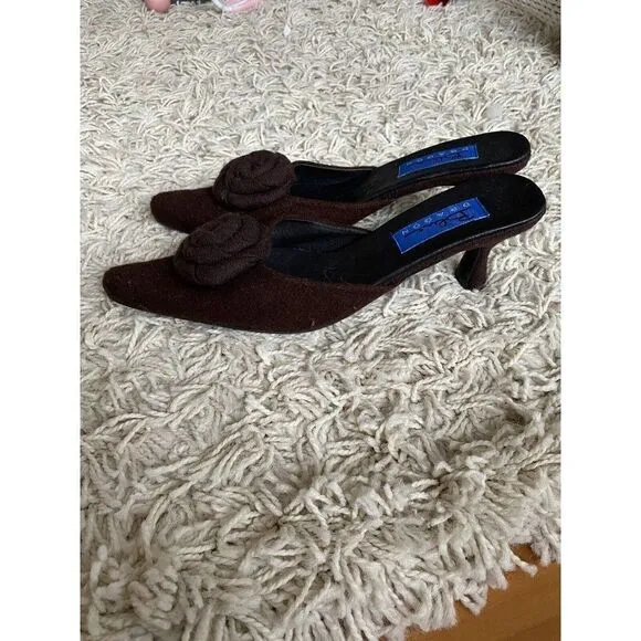 Blue Dragon Kitten Heels Shoes Brown Wool Floral 9 Pointed Pointy