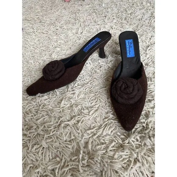 Blue Dragon Kitten Heels Shoes Brown Wool Floral 9 Pointed Pointy