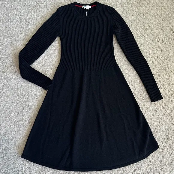 Boden Fit-and-Flare Ribbed Knit Sweater Dress Wool/Cashmere Black Size 4P NWT