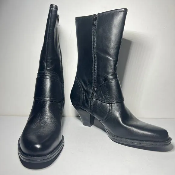 Born Pearl Black Leather Boots Heels Buckle Cone Heel Mid Calf Zip Boho Size 9.5