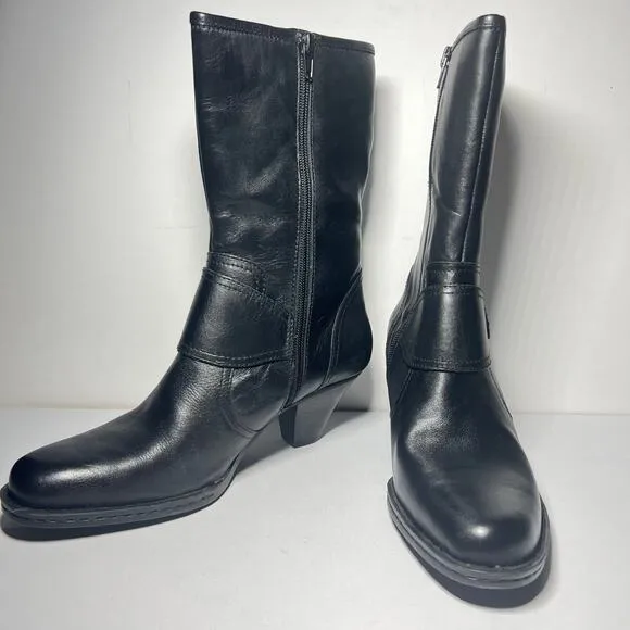 Born Pearl Black Leather Boots Heels Buckle Cone Heel Mid Calf Zip Boho Size 9.5